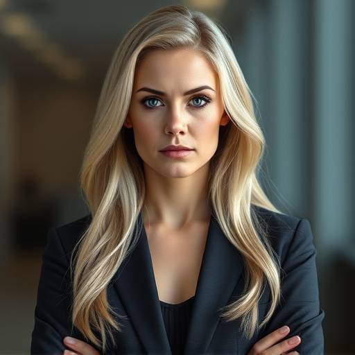 Portrait of Emily Harris, a woman with long blonde hair, wearing a serious expression and a suit.